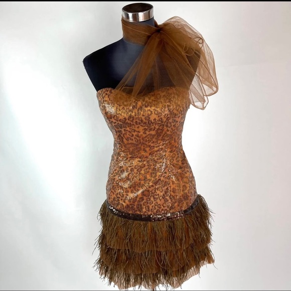 Leopard Print Sequined Ruffle Layered Sweet-Heart Brown Midi Dress - Picture 7 of 11